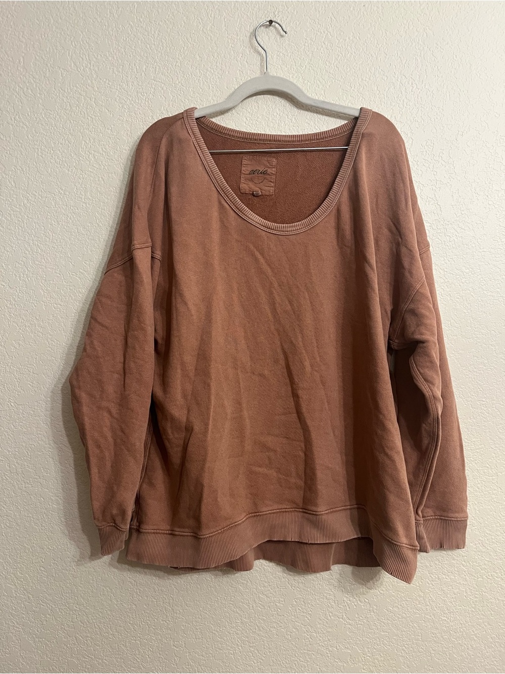 Oversized distressed aerie Scoop Neck Crew Sweatshirt in Dusty Rose